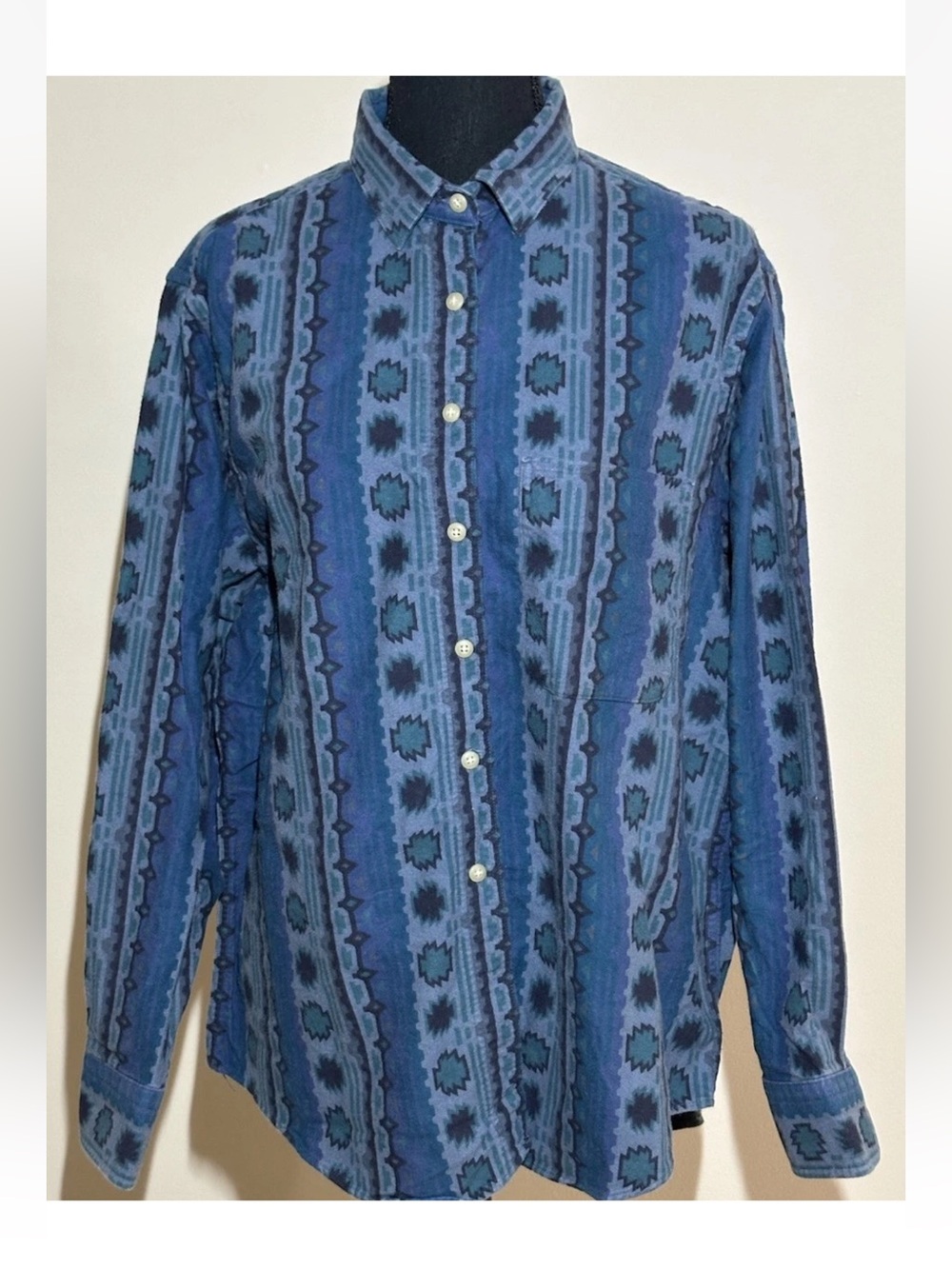 Vtg LL BEAN Women’s Southwestern Indian Aztec Flannel Shirt Made In USA Blue L